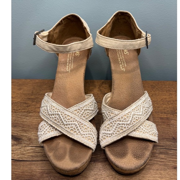 Toms Shoes - TOMS Cream Crochet Cork‎ Platform Wedge Sandals Ankle Strap Boho Festival Size 7